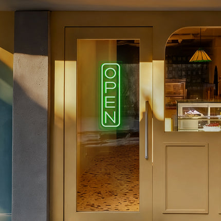 Green "Vertical OPEN" Neon Sign