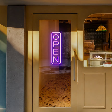 Purple "Vertical OPEN" Neon Sign