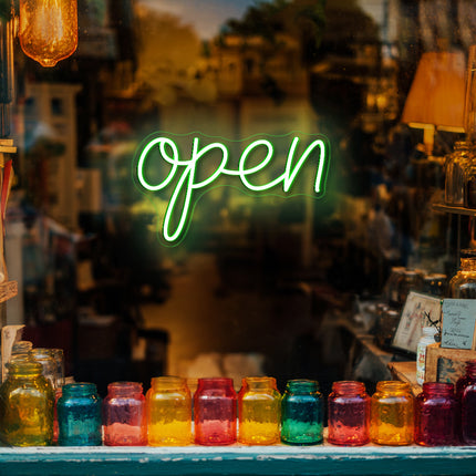 Vintage green neon "Open" sign