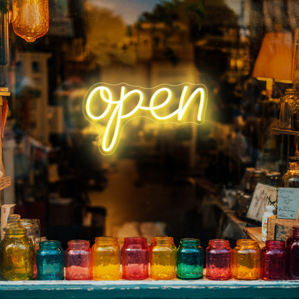 Vintage lemon yellow neon "Open" sign
