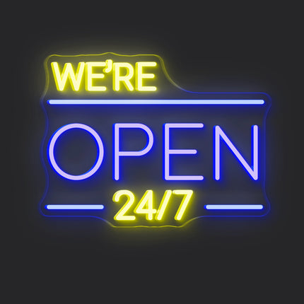 Blue We're Open 24/7 Neon Sign
