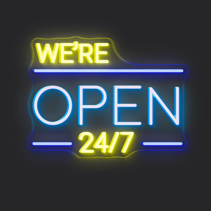 Ice Blue We're Open 24/7 Neon Sign