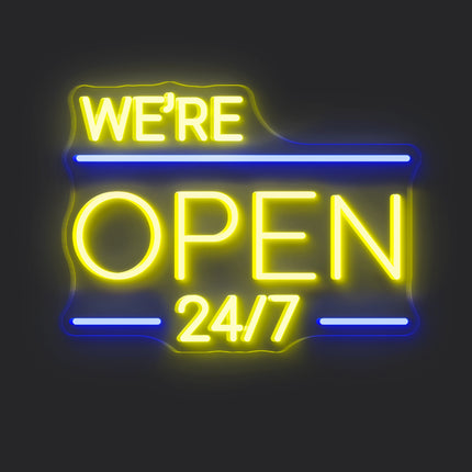 Yellow We're Open 24/7 Neon Sign
