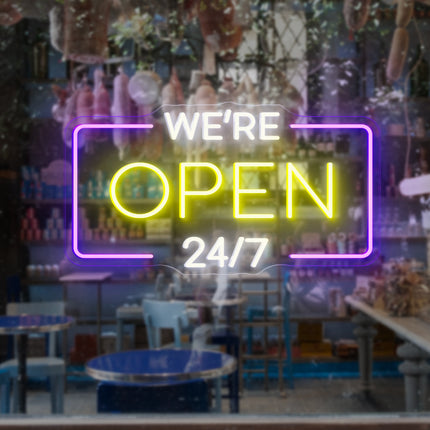 Lemon Yellow "We're Open 24/7" Neon Sign
