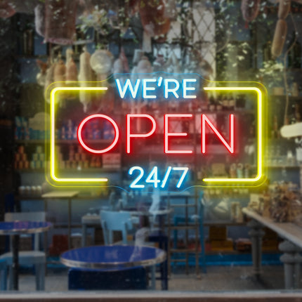 Red "We're Open 24/7" Neon Sign