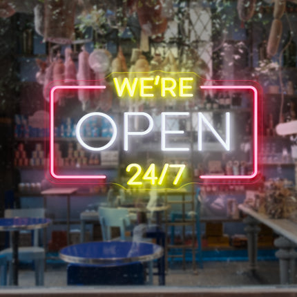 White "We're Open 24/7" Neon Sign