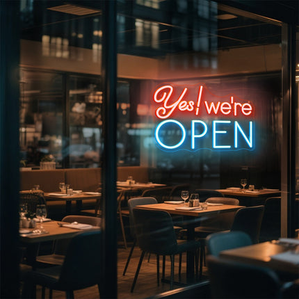 Orange & ice blue Yes! We're Open Neon Sign
