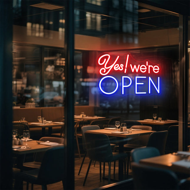 Red & blue Yes! We're Open Neon Sign